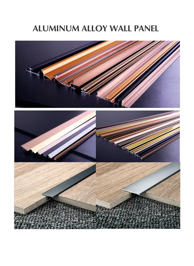 Aluminum alloy wall panels in various metallic finishes including gold, rose gold, bronze, and black.