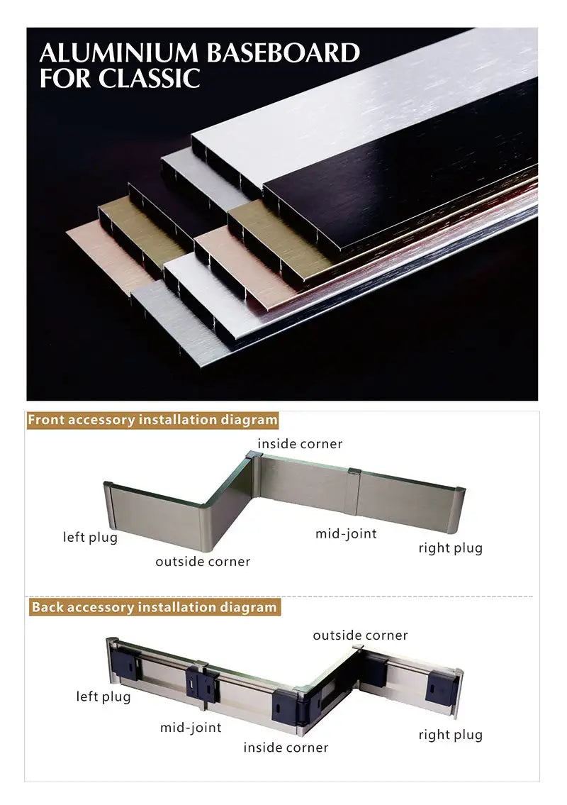 Aluminum baseboard panels in sleek metallic finishes including silver, black, and rose gold.