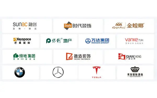 A collection of logos from various brands including sunac, style, gold hills, keyspace, wanda group, vanke, green land group, dezao decorate, qiancheng, bmw, mercedes-benz, tesla, and crown
