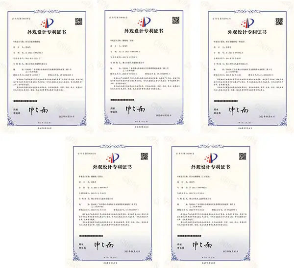 Five identical chinese patent design certificates, each featuring a light gray background with ornate blue borders and official seals.