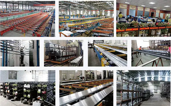Industrial aluminum alloy extrusion profiles in various shapes and sizes, neatly arranged on conveyor belts and storage racks within a manufacturing facility.